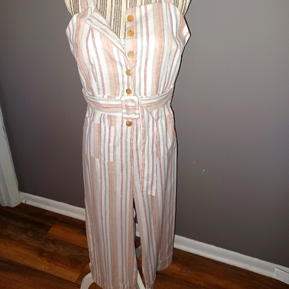 Derek Heart Pants - Stripped, single strapped jumpsuit, ankle length, cuffed legs, belt, pockets MED